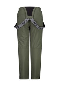 Skidbyxor i olivgrön, med svart ok, justerbara remmar, tapered ben och mjuk tygtextur för komfort och flexibilitet.