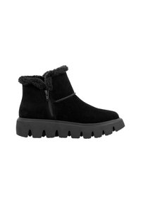 Botines de ante negros con borde de piel sintética, cremallera lateral y suela de goma gruesa con profundas estrías para mayor tracción.