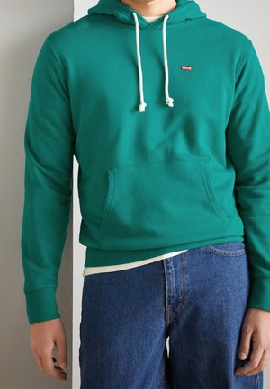 Mann trägt einen türkisgrünen Levi's-Hoodie mit weißen Kordeln und blaue Jeans, steht vor einer schlichten hellgrauen Wand.