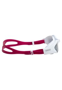 Gafas de natación con un marco blanco y correas de silicona rosa. Presenta lentes ahumados y lados texturizados para un mejor agarre y comodidad.