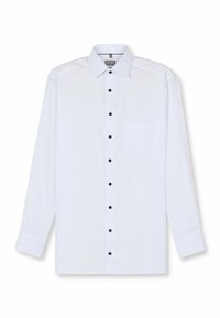 Weißes Langarmshirt aus glattem Stoff, mit schwarzen Knöpfen, einem klassischen Kragen und einer einzelnen Brusttasche.