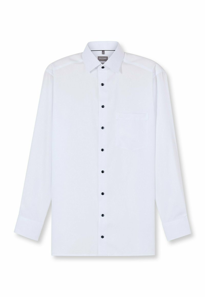 Weißes Langarmshirt aus glattem Stoff, mit schwarzen Knöpfen, einem klassischen Kragen und einer einzelnen Brusttasche.