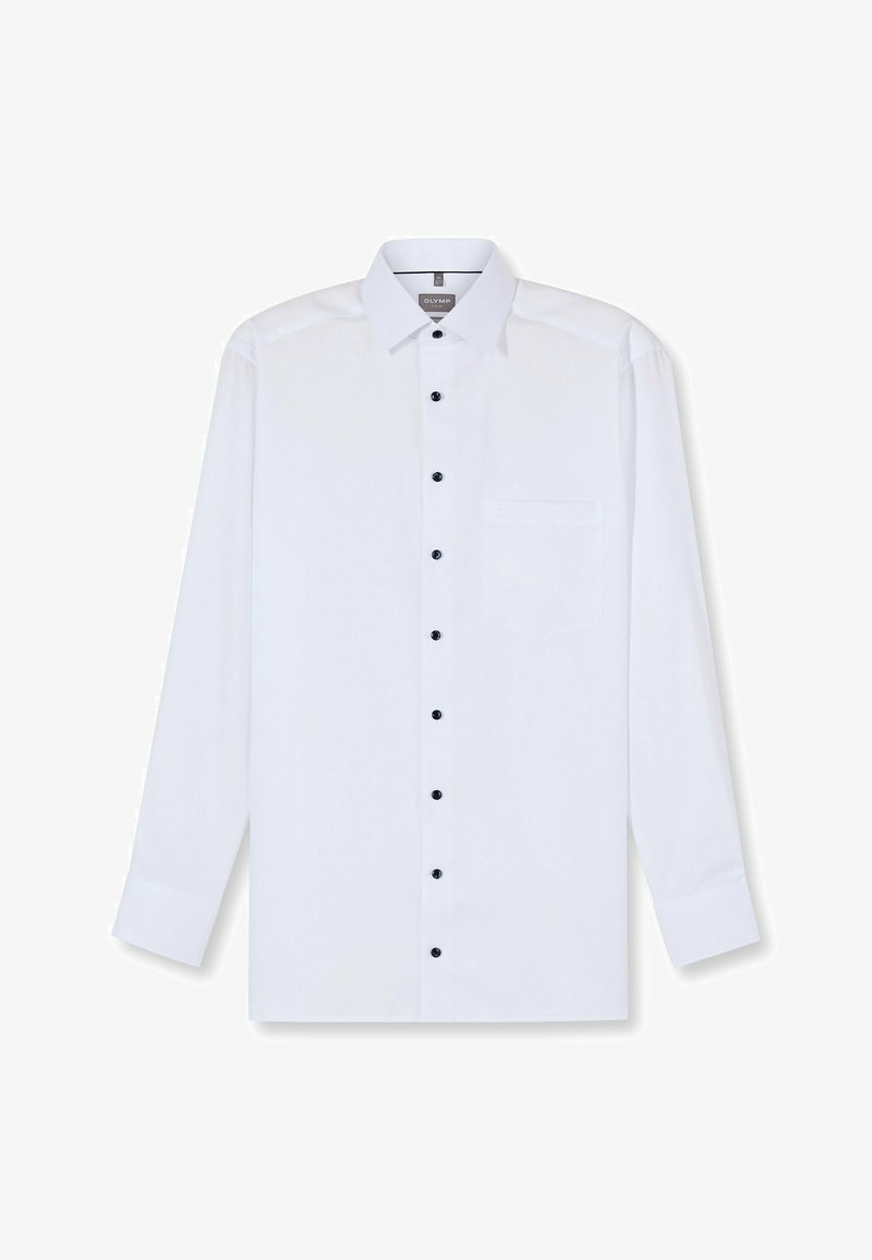 Weißes Langarmshirt aus glattem Stoff, mit schwarzen Knöpfen, einem klassischen Kragen und einer einzelnen Brusttasche.