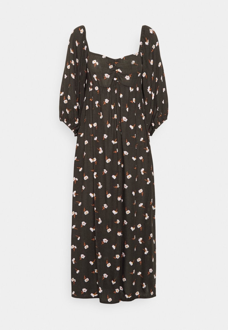 Robe midi noire à imprimé marguerites blanches, manches trois-quarts bouffantes, encolure carrée et détail froncé au niveau de la poitrine.