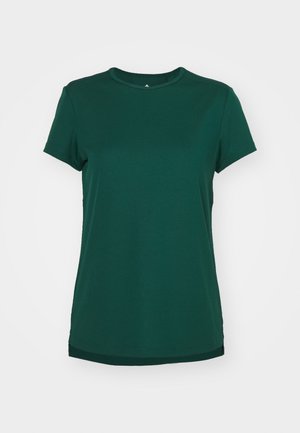 Zeleni kratki rukav T-shirt s okruglim izrezom. Napravljen od mekog materijala s glatkom teksturom. Ima detalje na rubovima s bočnih strana.