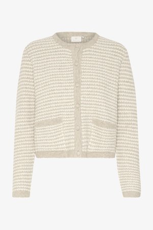Kreemikas kardigan, millel on tekstuuriga triibuline muster. Omab ümmargust kaelust, esi-nuppe ja kahte küljetaskut. Pehme, karvane materjal.