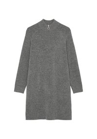 Abito grigio a maniche lunghe con colletto alto e dettagli con zip. Realizzato in tessuto morbido e strutturato, presenta una vestibilità rilassata e un taglio dritto.
