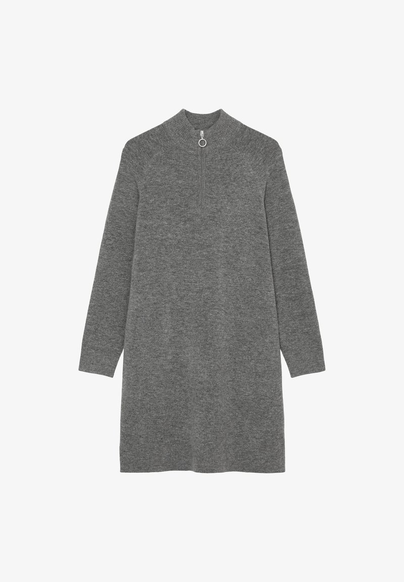 Abito grigio a maniche lunghe con colletto alto e dettagli con zip. Realizzato in tessuto morbido e strutturato, presenta una vestibilità rilassata e un taglio dritto.