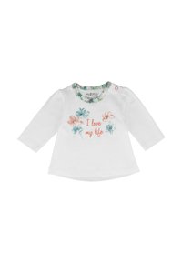 Biała koszulka niemowlęca z długim rękawem, kołnierzykiem w kwiaty, kwiatowymi nadrukami oraz napisem "I love my life" w pomarańczowym kolorze z przodu.