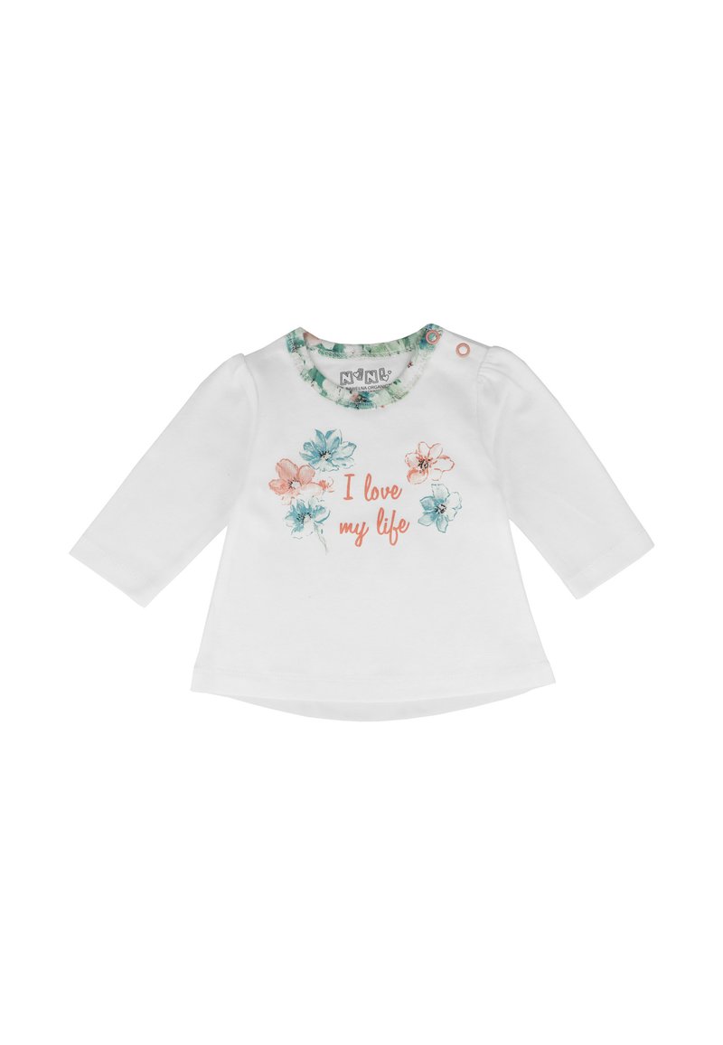 Biała koszulka niemowlęca z długim rękawem, kołnierzykiem w kwiaty, kwiatowymi nadrukami oraz napisem "I love my life" w pomarańczowym kolorze z przodu.