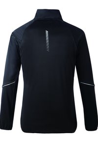 Svart träningsjacka med långa ärmar och hög krage. Har reflekterande detaljer och en vertikal randdesign på baksidan. Slät kvalitet.