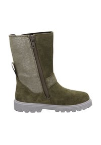 Oliwkowe botki z metaliczno-srebrnym panelem bocznym, zamek błyskawiczny i szara gumowa podeszwa. Zamszowa tekstura z pętelką na tylnej części.