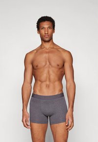 Sive bombažne bokserice z elastičnim pasom, ki ima subtilno znamkino oznako. Tkanina je gladka in prilegajoča se telesu.