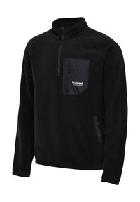 Sort fleece-pullover med kvart-lynlås hals, med en frontlomme med lynlås, kontrasterende tekstureret panel og logo detalje på brystet.