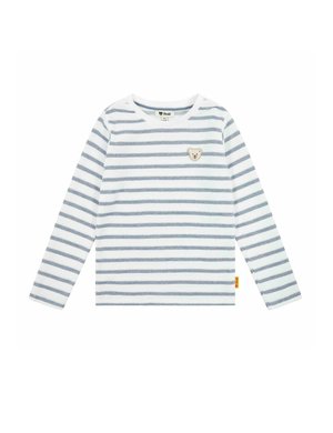 Long-sleeve shirt with blue and white stripes, round neckline, soft cotton material, featuring a bear patch on the left chest and a label on the side.