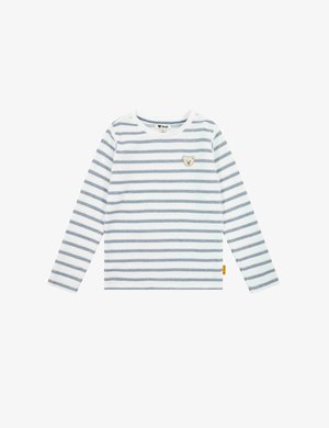 Langarmhemd mit blauen und weißen Streifen, runder Ausschnitt, aus weichem Baumwollmaterial, mit einem Bären-Patch auf der linken Brust und einem Etikett an der Seite.