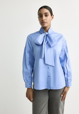 Woman with dark hair tied back wearing a light blue blouse with large bow collar and gray pants standing against a plain white background.