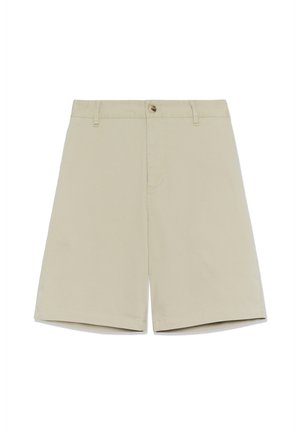 Bež bombažne kratke hlače z ravnim prednjim delom, zapiranjem na gumb, zankami za pas in stranskimi žepi; imajo čist, raven rez in rob.