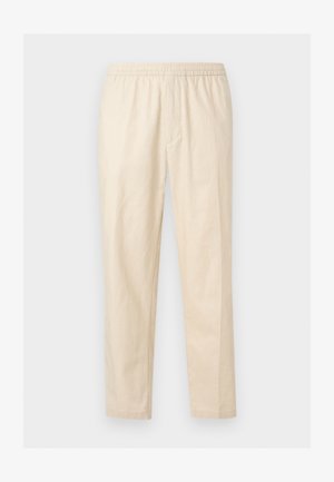 Heledat beeži sirgete säärega püksid elastse vöökohaga ja ilma nähtavate taskute või kaunistusteta, valgel taustal.