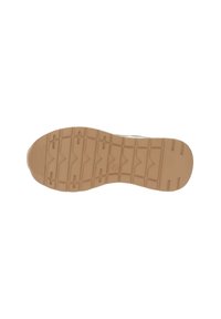 Suela de zapato con una construcción de goma, color beige, patrón texturizado con surcos y crestas para tracción, y forma redondeada.