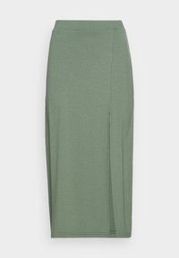 Falda midi de color verde oliva suave con cintura alta y abertura frontal en el lado derecho, fabricada con tela ligera.