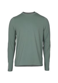 Långärmad skjorta i dämpat grönt, tillverkad av lättviktsmaterial. Har rund hals, mjuk textur och reflekterande detaljer på ärmarna.