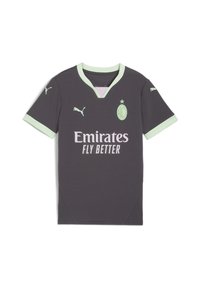 Szürke, rövid ujjú focimez világoszöld gallérral és ujjakkal. Jellemzi a "Emirates Fly Better" logo és felirat fehér színben.