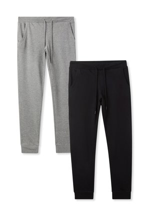 Szare i czarne spodnie dresowe, z mieszanki bawełny, z bocznymi kieszeniami, elastycznym pasem i ściągaczami u dołu. Dwie pary pokazane obok siebie.