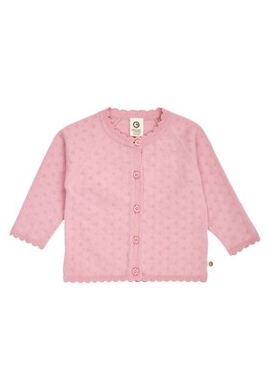 Pink knitted baby cardigan with long sleeves, button front closure, textured dot pattern, and scalloped edges on cuffs and hem.