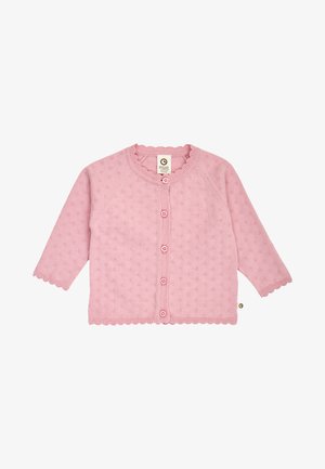 Roze gebreid babyvest met lange mouwen, knoopsluiting aan de voorkant, gestructureerd stippenpatroon en gegolfde randjes aan de manchetten en zoom.