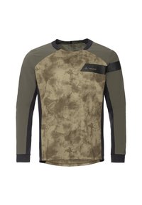 T-shirt d'activité à manches longues en vert olive avec un design tie-dye, comportant des accents noirs contrastants sur les épaules et les manches.