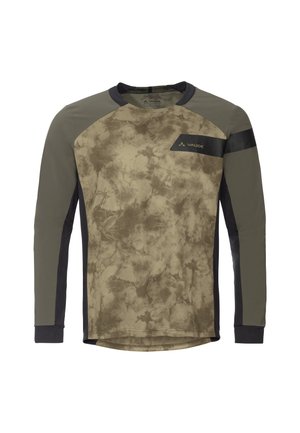 Long-sleeve active shirt in olive green with a tie-dye design, featuring contrasting black accents on the shoulders and sleeves.