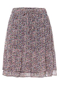 Jupe imprimée florale avec une taille smockée, comportant plusieurs niveaux, dans des nuances de violet, orange, vert et rose sur un fond clair.