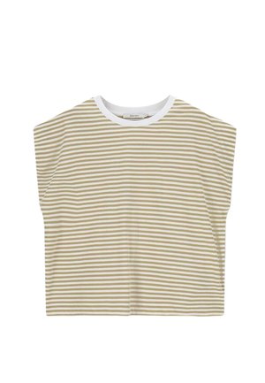 Gestreepte korte mouwen top in beige en wit, met een ronde halslijn en een witte kraag. Het materiaal heeft een zachte textuur en een relaxte pasvorm.