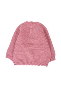 Pull en tricot rose avec un motif texturé, col rond et fermeture à boutons à l'arrière. Présente des manches longues et amples et un ourlet côtelé.