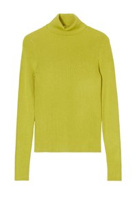 Pull à col roulé jaune en maille côtelée, doté de manches longues et d'une coupe ajustée. Simple et de couleur unie sans motifs.