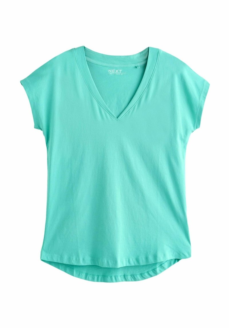 Chemisier turquoise à manches courtes et col en V pour femme, coupe décontractée et ourlet légèrement arrondi sur fond blanc.