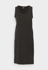 Robe noire décontractée sans manches, longueur genoux, avec un col rond et une coupe droite, présentée sur fond blanc.