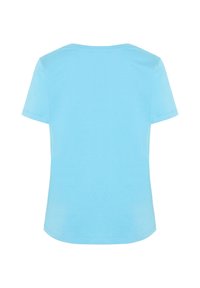 Light blue short-sleeved t-shirt made of cotton; features a classic round neckline and a slightly curved hem at the bottom.