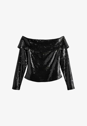 Black off-the-shoulder cropped top with long sleeves, covered in sequins that reflect light, featuring a ruffled neckline and smooth texture.