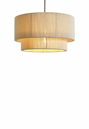 Double-layered beige fabric drum pendant light suspended by a cord, emitting a warm glow.