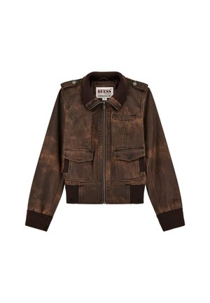 Brown faux leather jacket with ribbed collar, two large front pockets, and zipper closure. Features shoulder epaulets and a distressed finish.