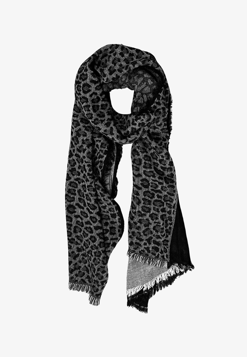 Sciarpa nera e grigia con design a stampa leopardo, texture tessuta e bordi frangiati. Tessuto morbido con una forma leggera e fluente.