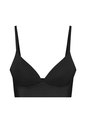 Brah nera in tessuto con una consistenza morbida e liscia. Presenta coppe triangolari senza ferretto e spalline strette regolabili. Design semplice, senza decorazioni.