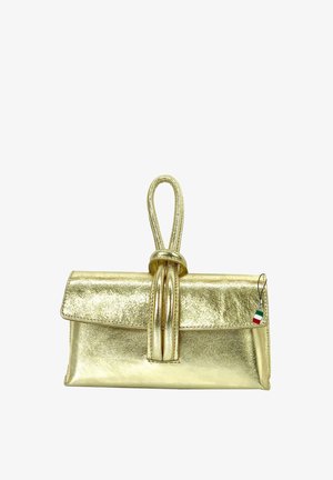 Gold metallic clutch bag with a knotted top handle, smooth texture, and a small tag featuring the Italian flag. Compact rectangular design.