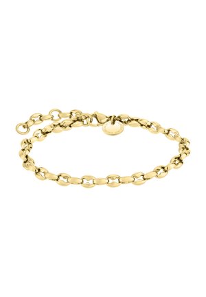 Bracelet en chaîne dorée avec des maillons ovales, finition polie et fermoir sécurisé. Comprend une petite étiquette de logo attachée.