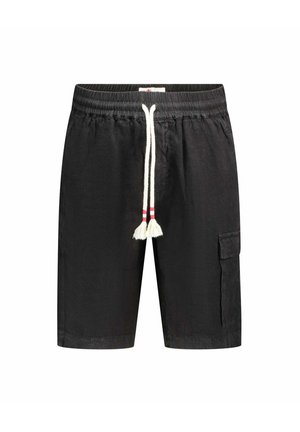 Zwarte casual shorts met elastische tailleband, wit trekkoord met rode strepen en zijzak op het rechterbeen.