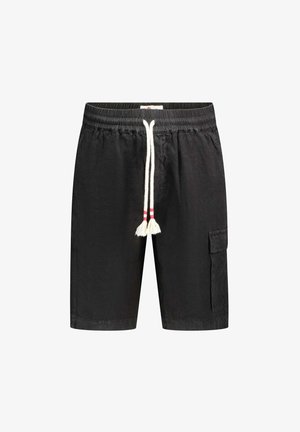 Zwarte casual shorts met elastische tailleband, wit trekkoord met rode strepen en zijzak op het rechterbeen.