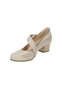 Beige Mary Jane shoe with a square toe, adjustable strap, and a low, textured block heel. Smooth leather exterior and cushioned insole.