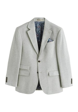 Light gray herringbone men's blazer with two buttons, notch lapels, flap pockets, and a floral patterned pocket square and lining.